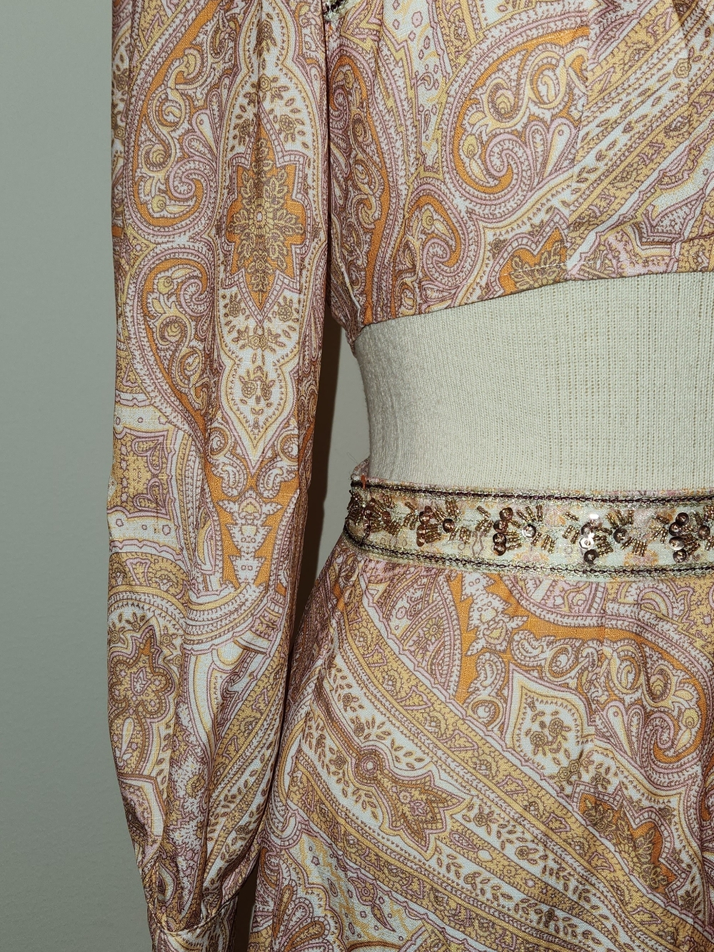Paisley Long Sleeve Maxi Dress in Taupe and Cream - Picture 4 of 7